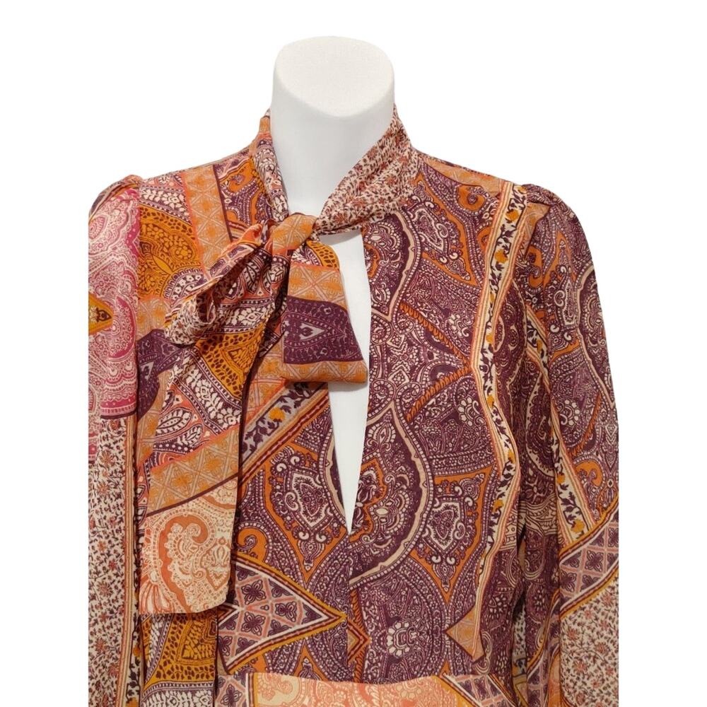 Divine Heritage Revolve Paisley Patchwork Silk Long Sleeve Orange Mini Dress XS - Picture 3 of 7